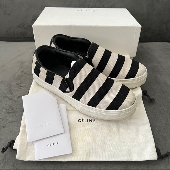 Celine Black/White Striped Canvas Slip On Sneakers - Picture 1 of 16